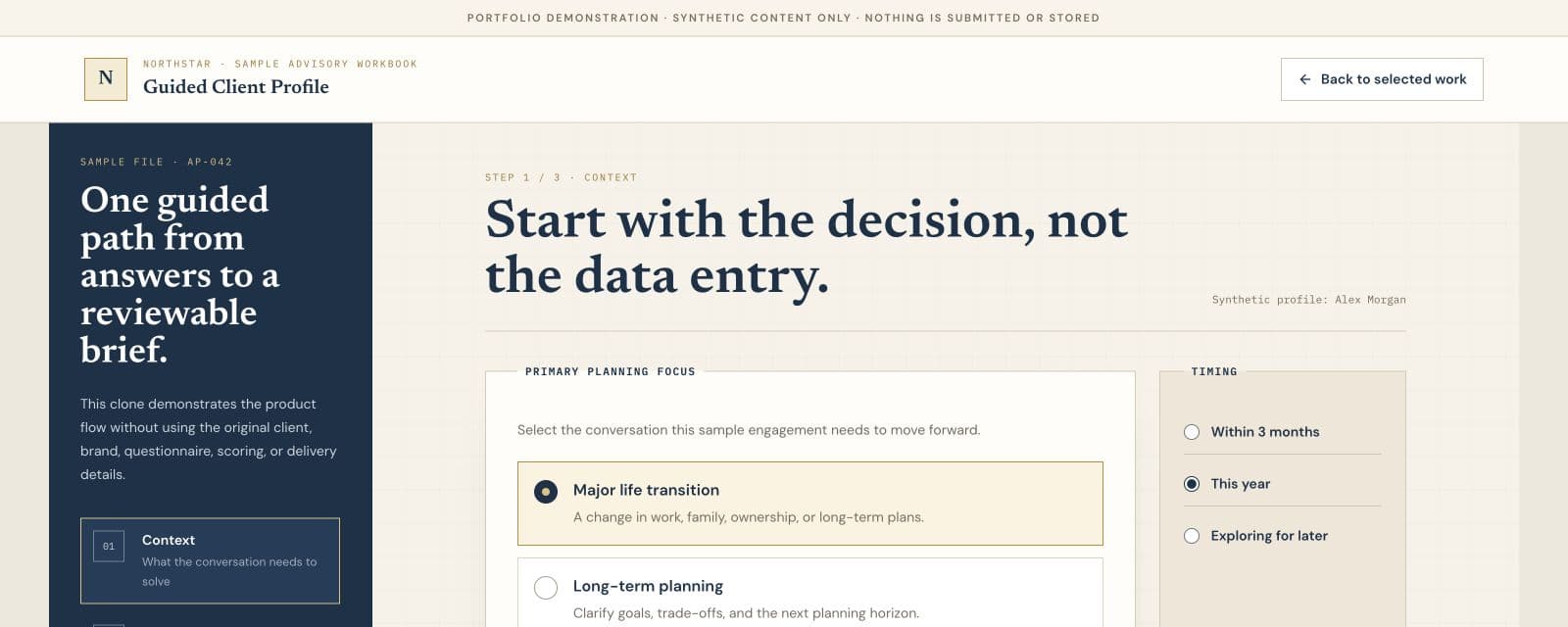 The public intake demo showing structured questions and planning choices, using fictional information.